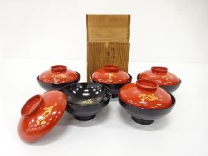 漆塗り　松喰い鶴　蒔絵　吸い物椀　5客揃